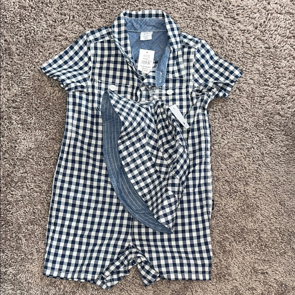 GAP Blue and White Checkered Romper With Matching Bucket Hat!